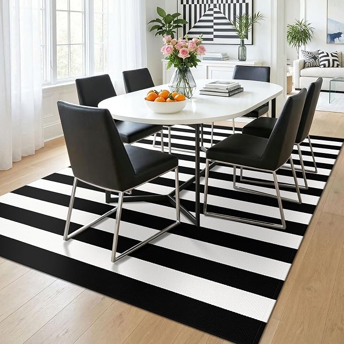 KOZYFLY Black White Rug 5x7 Area Rug Woven Washable Striped Rugs Cotton Farmhouse Indoor Outdoor Rugs for Living Room Bedroom Entryway Porch Patio