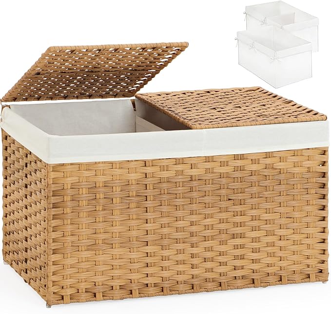 SETVSON Storage Basket with Lid Rattan Storage Basket with 2 Separate Lid, 27.8 Gallon (105 L) 25.2 * 15.4 * 16.1 Inches Woven Wicker Baskets with 2 Liners and Handles for Bedroom Laundry-Natural | 105L Storage Bin with 2 Separate Lids, 2 Removable Lin...