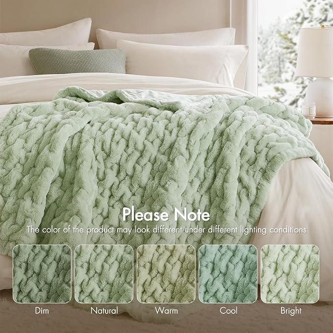 Madison Park Ruched Fur Throw Faux Fur Blanket, 50" x 60", Sage Green | Luxury, Premium, Soft Cozy Brushed Long Pile, All Season Plush Modern OEKO- TEX Certification Warm For Bed, Couch or Sofa