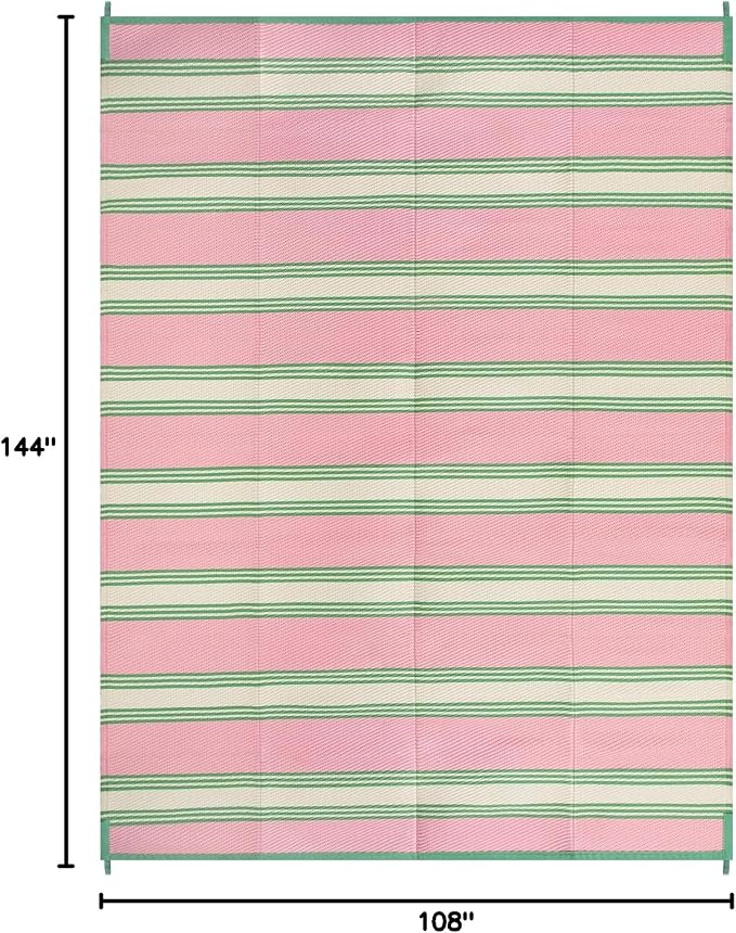 Lahome Striped Outdoor Plastic Straw Rug, Reversible Outdoor Rug Waterproof 9x12 Rugs for Patio, RV Camping Rug Picnic Mat Outside Large Carpet for Beach Deck Backyard Balcony(Pink/Green,9'x 12')