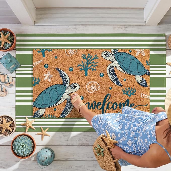 Moucuny 2 Pcs Summer Beach Coir Door Mat Coastal Sea Turtle Doormat 24'' x 35'' Green and White Striped Outdoor Rug 16'' x 28'' Ocean Beach Non Slip Seasonal Welcome Doormat for Porch Front Decor