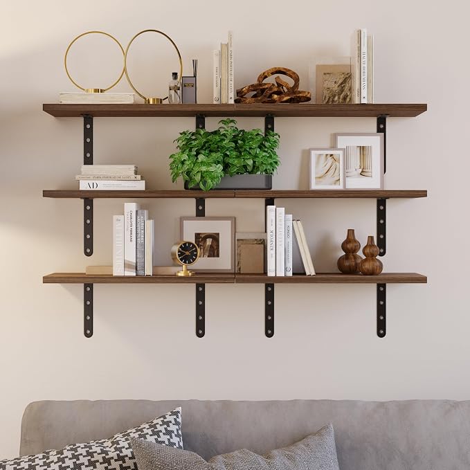 Lavish Home Floating Shelves - Set of 6 Shelves for Living Room, Kitchen, Bedroom, or Bathroom Decor - Wood Floating Shelves for Wall - Farmhouse Wall Décor (Rustic Brown)