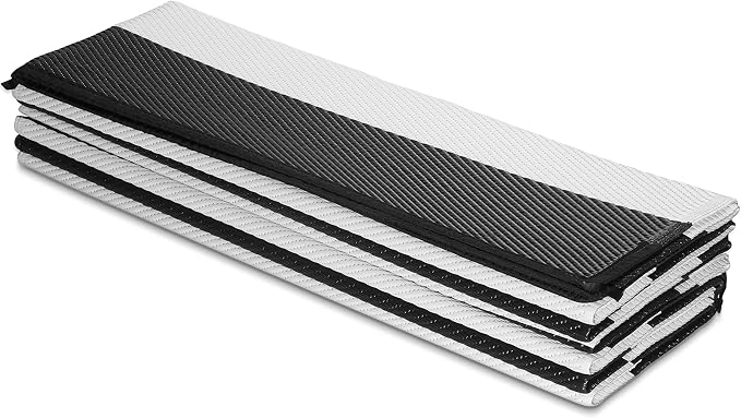 FH Home Outdoor Camping Rug - Waterproof, Fade Resistant, Reversible - Premium Recycled Plastic - Striped - Large Patio, Deck, Sunroom, RV - Brittany Stripe - Black & White - 9 x 12 ft Foldable