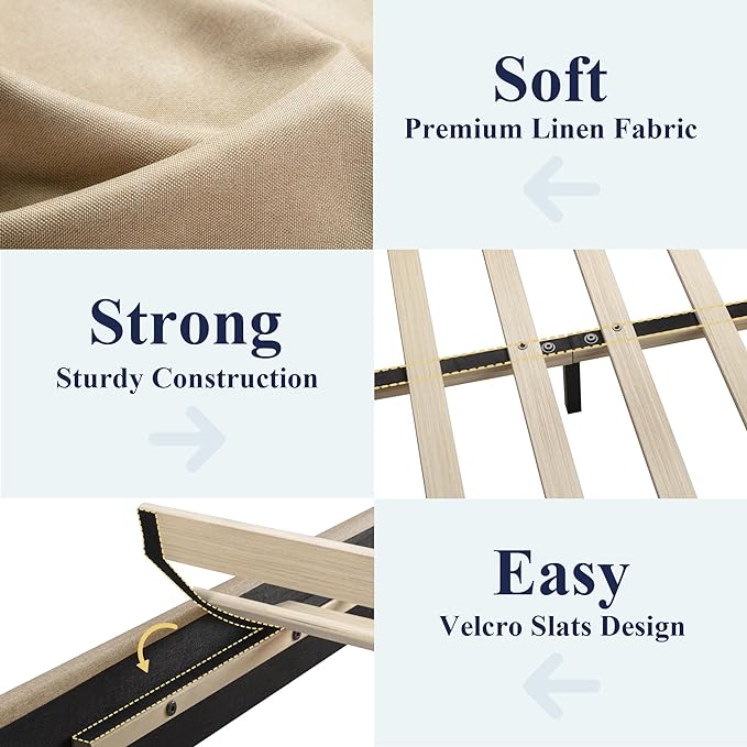 Allewie King Size Upholstered Bed Frame Adjustable Headboard, Beige | Platform Bed with Heavy Duty Mattress Foundation, Noise-Free, Easy Assembly, Wood Slat Support, No Box Spring Needed