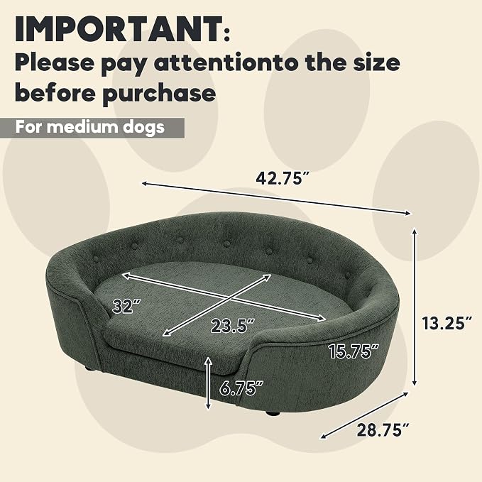 Dog Couch Bed with Oval Semi-Enclosed, Durable Linen Material Pet Sofa Couch with Soft Foam Cushion, Dog Sofa Bed with Legs for Medium Dogs, Green
