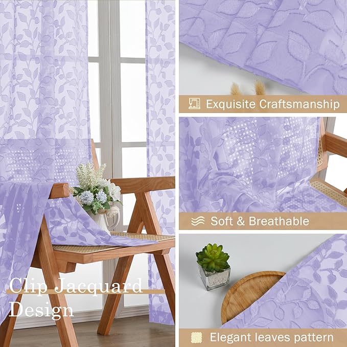Chyhomenyc Light Purple Sheer Curtains 30 Inch Length, Light Filtering Leaf - Image 7