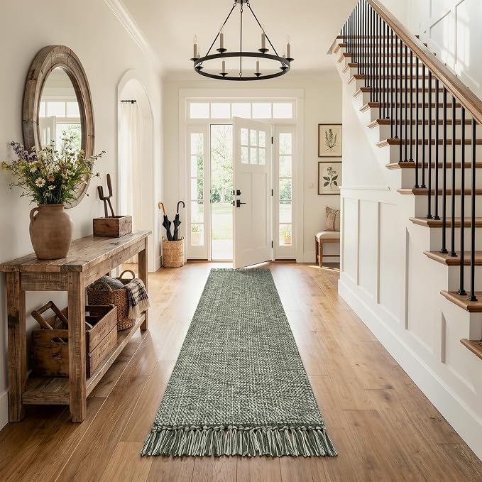 Collive Sage Green Kitchen Runner Rug, 2' x 8' Modern Farmhouse Washable Bathroom Runner Rugs, Boho Hand-Woven Entryway Runner Rug Braided Bedroom Carpet for Hallway Laundry Front Door Decor