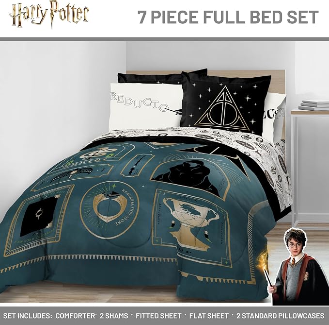 Harry Potter Full Comforter Set 7 Piece Soft Fantasy Bedding, Blue | Deathly Hallows, Bed in a Bag, Comforter Sheets Shams Pillowcases, Official Product, Soft Microfiber, Machine Washable, Gift