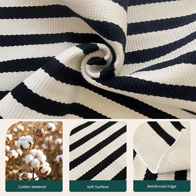 KOZYFLY Beige and Black Rug 8x10 ft Area Rug Woven Washable Striped Cotton Farmhouse Indoor Outdoor Rugs for Living Room Bedroom Porch Patio Dining Room Carpet