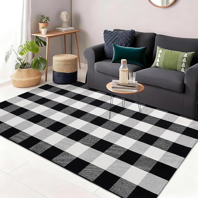 Buffalo Plaid Rug 3' x 5', Black and White Washable Farmhouse Checkered Rug, Non-Slip Indoor Outdoor Floor Mat for Living Room, Bedroom, Entryway, Kitchen, Laundry Room, Patio, Porch