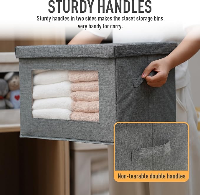 2-Pack Storage Bins with Lids & Clear Window, Foldable Fabric Closet Organizer Boxes, Stackable Cube Baskets with Soft Handles for Clothes & Blankets, 15", Grey
