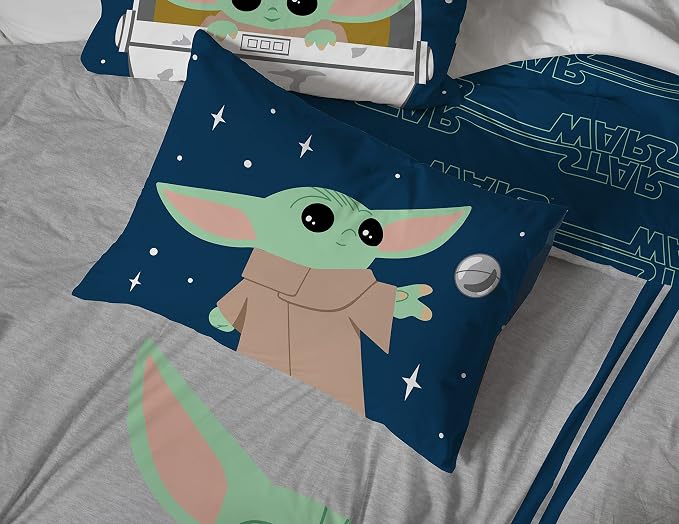 Star Wars Mandalorian Grogu Full Size Comforter Set 7 Piece Bedding, Gray | Baby Yoda, Bed in a Bag, Comforter Sheets Shams Pillowcases, Official Brand, Soft Microfiber, Machine Washable, Kids Gift