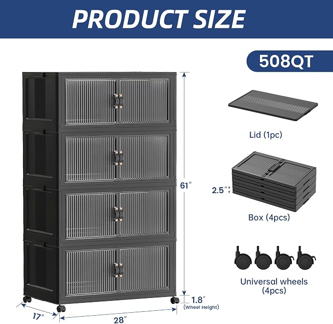 SAILUN 127Gal/508Qt Extra Large Stackable Storage Bins Folding Collapsible Storage Bins with a Lid, Closet Organizers Black 28" W x 17" D x 61" H