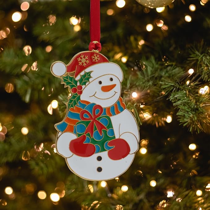 Wallace Wonders of Christmas Gold-Plated Enamel Ornament 2025-16th Edition Annual Collectible Series - Snowman Holiday Motif with Gift Box and Velvet Pouch