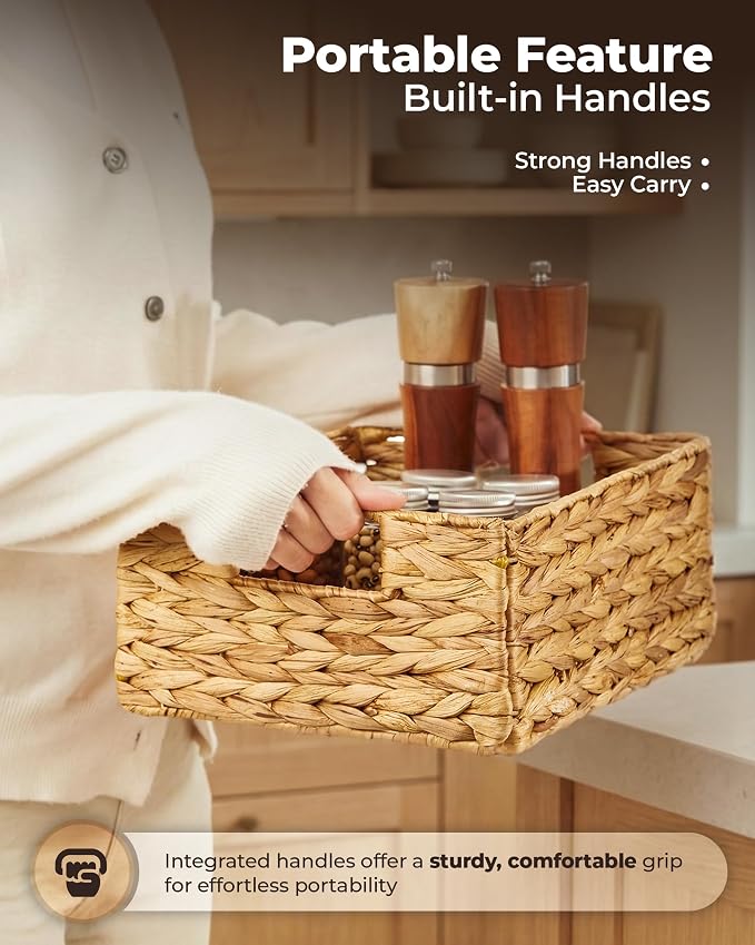 Bluewest Water Hyacinth Storage Baskets, Set of 6, Woven Bins with Handles | Organizer and laundry basket with carrying handles, designed as a rattan bin for shelves, closets and household essentials.