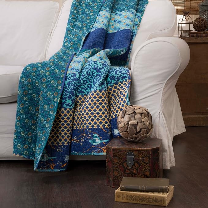 Lush Decor Royal Empire Reversible Cotton Throw Blanket, 50" W x 60" L, Peacock - Throw Blankets for Bed - Couch Blanket - Boho Throw Blanket for Couch