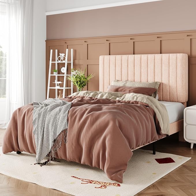 Allewie Twin Bed Frame, Upholstered Platform Bed with Adjustable Vertical Channel Tufted Headboard, Mattress Foundation with Strong Wooden Slats, Box Spring Optional, Easy Assembly, Chenille Pink