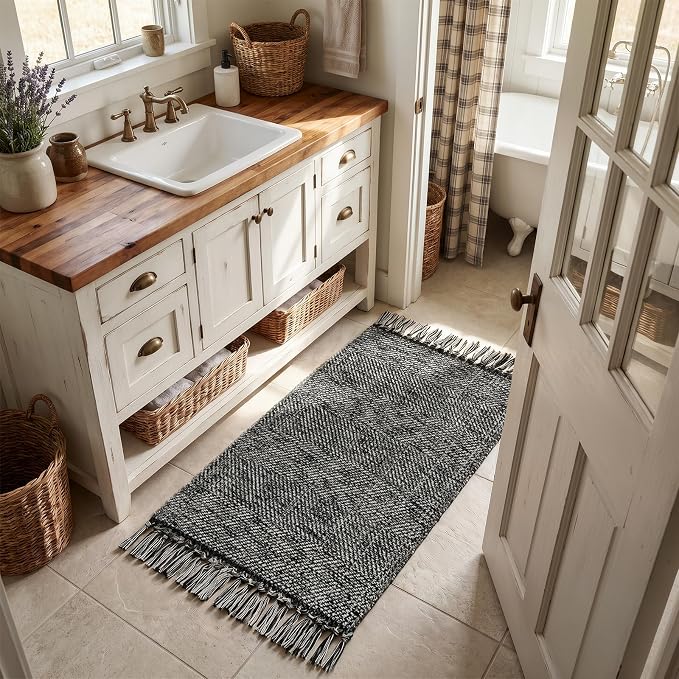 Collive 2' x 4.3' Indoor Outdoor Rug, Modern Farmhouse Kitchen Runner Rugs Hand-Woven Bathroom Rugs, Boho Washable Entry Carpet Black Reversible Front Door Mats for Laundry Bedroom Porch Decor