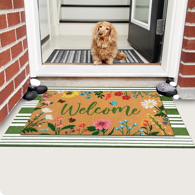 Tinideya 2 Pcs Summer Floral Welcome Door Mat Wildflower Outdoor Layered Doormats for Front Door Non Slip Summer Coir Floor Mat Green White Stripe Rugs for Outside Front Porch Entryway Decor