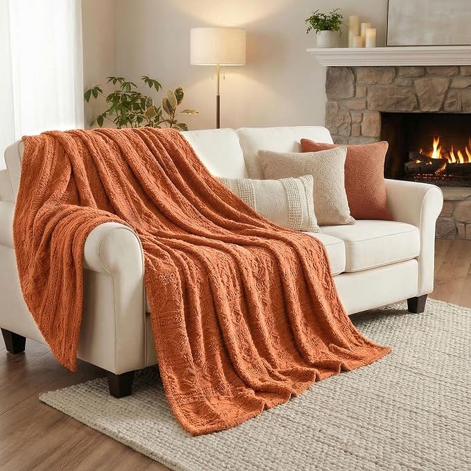 SUPERIOR Fleece Boho Jacquard Blanket, Decorative Blankets for Bedroom, Sofa, Fuzzy, Plush, Fluffy, Soft, Cute Room Decor, Beautiful Cover, Comfort Essentials, Arctic Collection, Throw, Dusty Orange