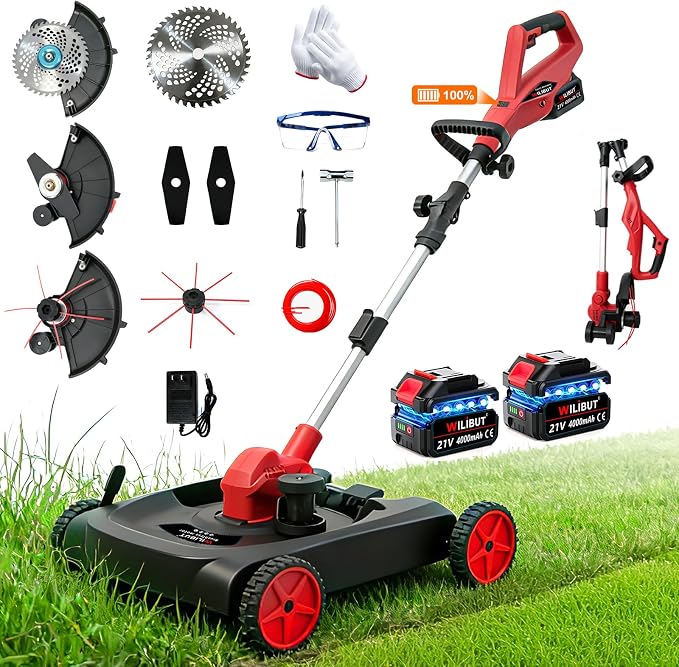 4-in-1 Cordless Lawn Mower, Weed Eater and Edger Combo, Adjustable Height & Angle, Electric String Trimmer with Wheels Grass Trimmer for Garden Yard (2x4.0Ah Battery & Charger Included)