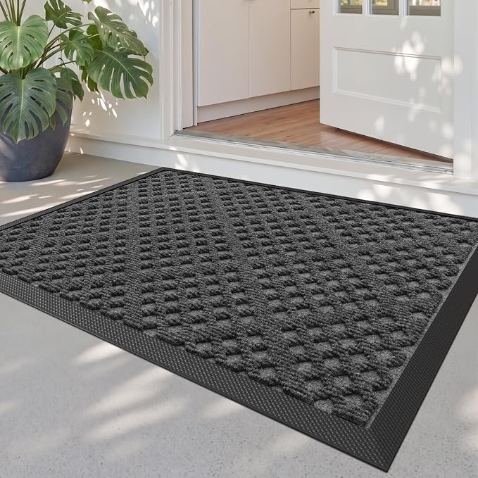 DEXI Front Door Mat Outside Entrance, 2x3 Heavy Duty Entry Doormat Dirt Trapper with Rubber Back, Non Slip Low Profile Floor Mats for Entryway Exterior Patio, Rhombic Grey