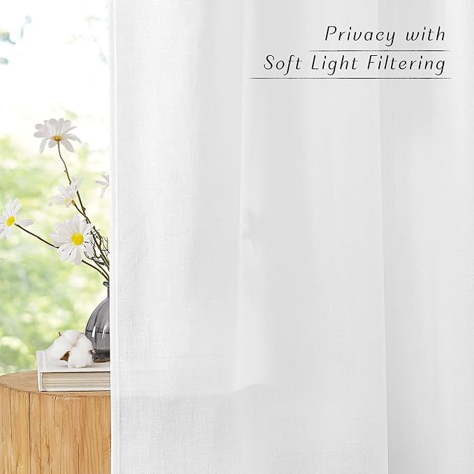 NICETOWN White Linen Curtains 96 inches Long, Grommet Thick Linen Flax Drapes Privacy Added with Light Filtering Room Divider Drapes for Bedroom/Sliding Door, W68 x L96, 2 Panels