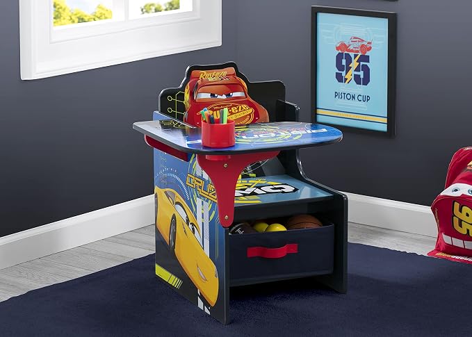 Delta Children Chair Desk With Storage Bin, Disney/Pixar Cars | Kids Chair Desk Includes Fabric Storage Bin and Cup Holder, Low to the Ground for Easy Access, Ideal for Toddlers/Kids Age 3+