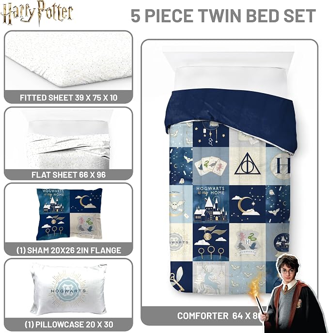 Harry Potter Twin Comforter Set 5 Piece Soft Hogwarts Bedding, Multi | Fantasy, Bed in a Bag, Comforter Sheets Sham Pillowcase, Official Product, Soft Microfiber, Machine Washable, Kids Gift