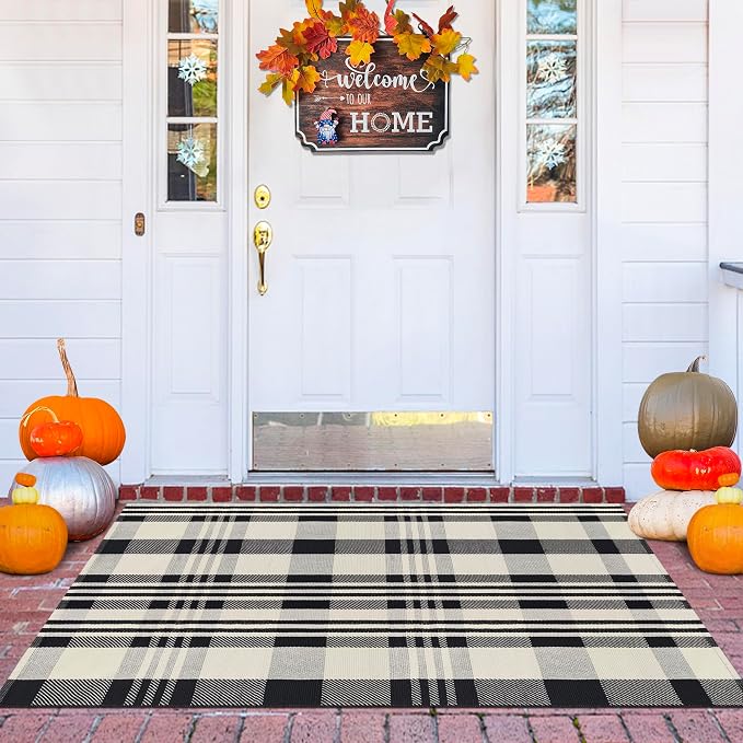 Buffalo Plaid Rug 3x5 Cotton Woven Buffalo Check Area Rug Black and Off White Front Porch Doormat Checkered Outdoor Carpet Washable Indoor Outdoor Layered Door Mats for Entryway Kitchen Farmhouse