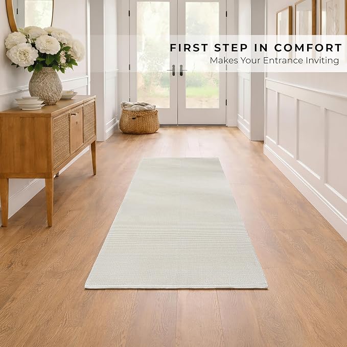 THE BEER VALLEY Woven Kitchen Runner Rug 2x6 Feet - Ivory | Non Slip Outdoor Long Entry Door Runners for Hallways, Washable Indoor Bathroom Low Profile Cream Rugs