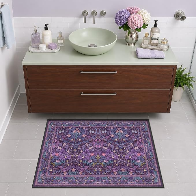 Washable Purple 2x3 Entryway Area Rug, Bohemian Small Throw Violet Carpet for Bathroom, Front Door Indoor, Mudroom, Kitchen, Vintage Farmhouse Plum Floral Décor, Stain & Fade Resistant
