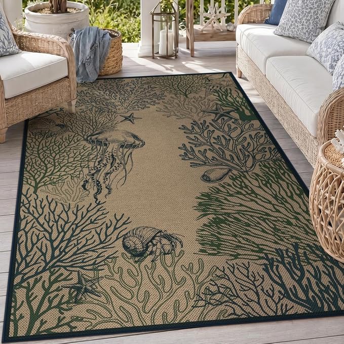 Tribesigns 5x7 Blue Green Coastal Easy Jute Area Rug for Living Room | Washable, Non-Slip Ocean Animal Design for Bedroom, Dining Room, Patio, Backyard and Beach House Decor, Includes 4 Rug Tapes