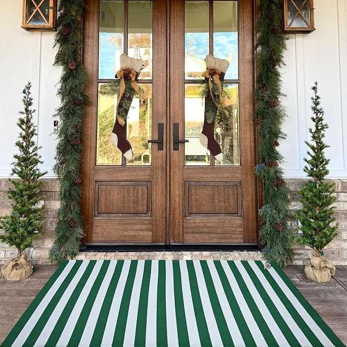 Green & White Striped Rug, 3' x 5' Indoor/Outdoor Area Rug for Front Porch, Entryway, Machine Washable Cotton Woven Welcome Door Mat