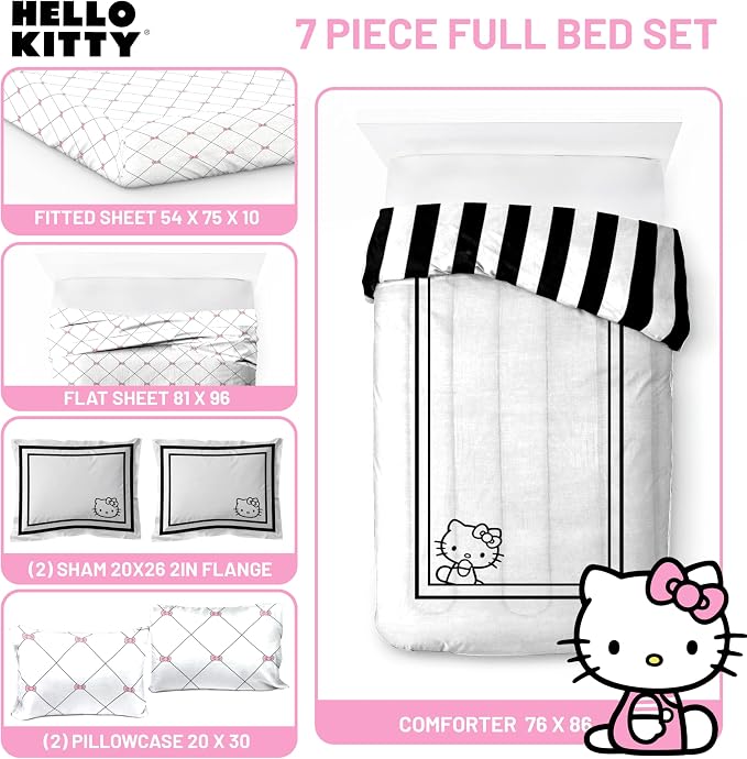 Sanrio Hello Kitty Full Comforter Set 7 Piece Bedding for Girls, White | Bed in a Bag, Comforter Sheets Shams Pillowcases, Official Product, Soft Microfiber, Machine Washable, Girls Gift