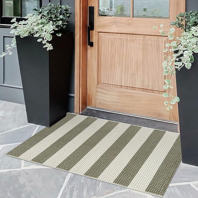 OJIA Front Door Mat 24"x36" Outdoor Doormat Striped Porch Rugs Fall Decor | Washable Rug Door Mat Outside Entrance Cotton Indoor Outdoor Rugs Small Area Rug for Kitchen Entryway Patio Green/White