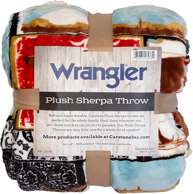 Carstens, Inc. Wrangler Ultra Premium Super Soft Plush Sherpa Fleece Oversized Throw Blanket 54" x 68", Vintage Western