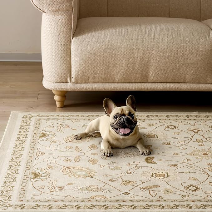 EVERGRACE Area Rugs for Living Room 3x5, Boho Floral Faux Wool Indoor Outdoor Rugs, Washable Rugs for Bedroom Entryway Dining Room Hallyway, Low Pile Floor Mat Carpet for Home Decor, Natural Beige
