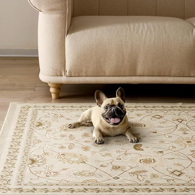 EVERGRACE Area Rugs for Living Room 8x10, Boho Floral Faux Wool Indoor Outdoor Rugs, Washable Rugs for Bedroom Dining Room Entryway Kitchen, Low Pile Floor Mat Carpet for Home Decor, Natural Beige