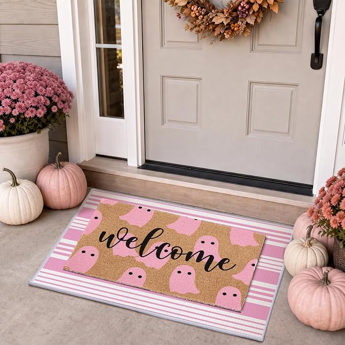 2 Pcs Pink Ghost Halloween Welcome Doormats, 16 x 24 in Welcome Ghost Door Mat and 24 x 32 in Pink White Striped Layering Rug, Cute Fall Porch Decor for Entryway Patio Kitchen Bathroom Floor