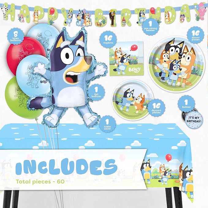 Bluey Birthday Decorations and Party Supplies with Balloons and Tablecloth | Officially Licensed Bluey Party Decorations - Banner, Tablecloth, Foil and Latex Balloons, Plates and Napkins for 16
