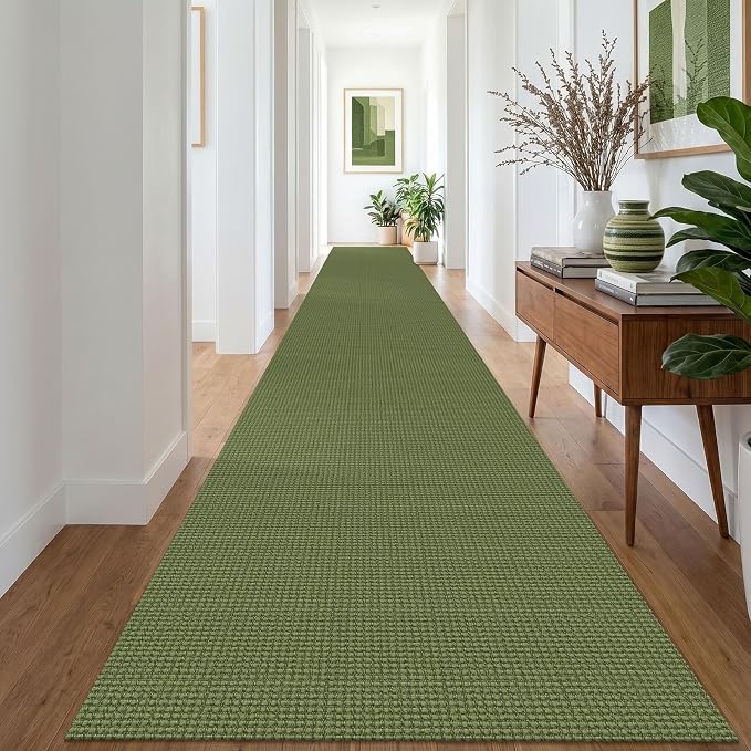 IOHOUZE Washable Exrea Long Hallway Runner Rug 3x20 Non Slip Rubber Backed Kitchen Runner Entryway Runner Indoor, Woven Rugs Floor Carpet for Kitchen Hall Entryway, Olive Green/Earthy Green