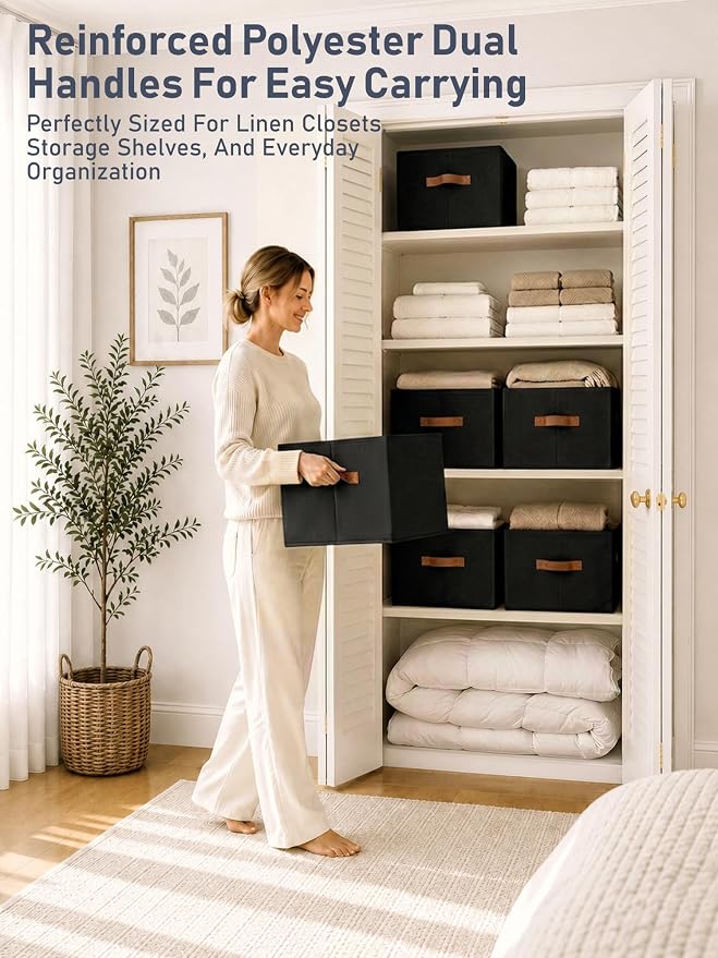 6 Pack Large Closet Storage Baskets Bins for Shelves, Collapsible Fabric Closet Organizers and Storage with Polyester Handles, Decorative Baskets for Organizing Clothes, Towels, Linen Closet 14"x10"
