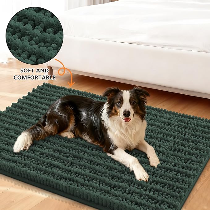 Smiry Dog Door Mat for Muddy Paws 47x24, Absorbent Dirt Trapper, Non-Slip Washable Chenille Entryway Rug for Inside Floor, Green, Layered Pattern