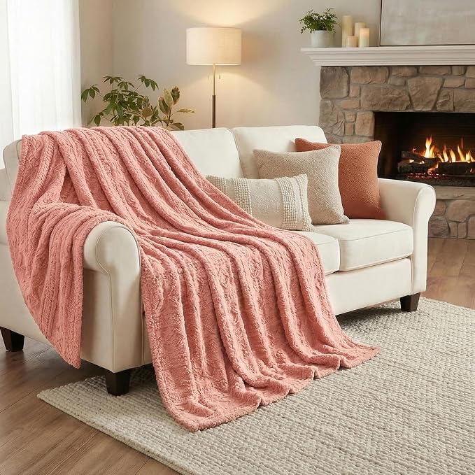 SUPERIOR Fleece Boho Jacquard Blanket, Decorative Blankets for Bedroom, Sofa, Fuzzy, Plush, Fluffy, Soft, Cute Room Decor, Beautiful Cover, Comfort Essentials, Arctic Collection, Twin, Blush