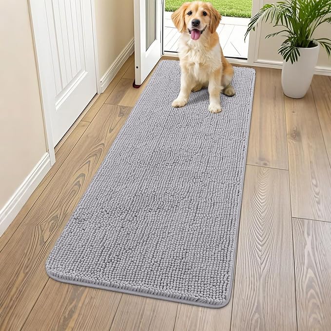 Smiry Dog Door Mat for Muddy Paws 59x20, Absorbent Dirt Trapper, Non-Slip Washable Chenille Entryway Rug for Inside Floor, Light Grey, Classic Solid