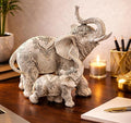 Large 8.25" W Decorative White Elephant and Baby with Tattoo Statue Feng Shui Decoration Religious Figurine Office Desk/Home/Living Room/Table Decor, Perfect House Warming Gifts for New Home