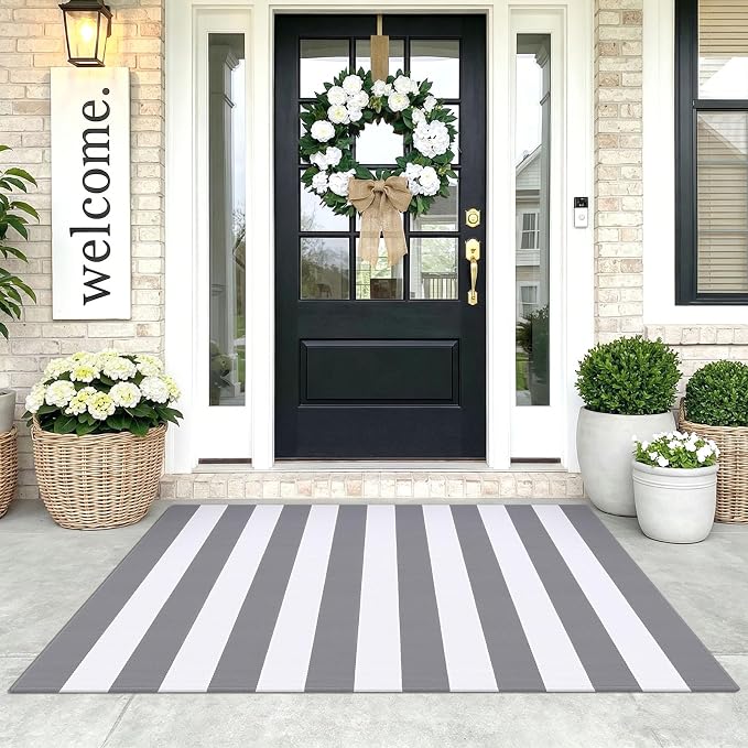 KOZYFLY Striped Rug 3x5 Front Door Rugs Gray White Cotton Woven Washable Indoor Outdoor Rug Entrance Doormat for Front Porch Kitchen Patio Decor Outdoor Mat