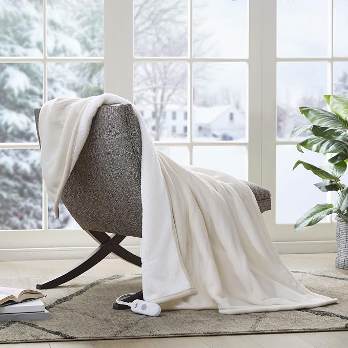 Serta Heated Electric Throw - Reversible Fleece Heating Blanket,Light Brown | Dual-Layer Heated Throw Blanket With 5 Heat Settings & Auto Shut Off, Machine Washable, ETL Certified