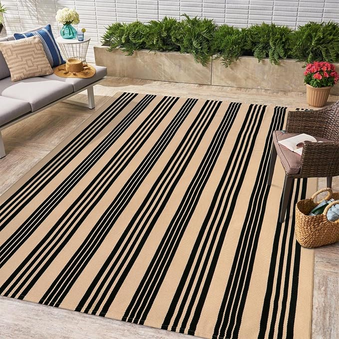 OJIA Outdoor Patio Rug 5'x7', Black and Tan Striped Outdoor Rugs Washable | Machine Washable Area Rugs Cotton Hand Woven Indoor Outdoor Rugs for Bedroom/Living Room/Front Porch/Deck/Backyard/Camping